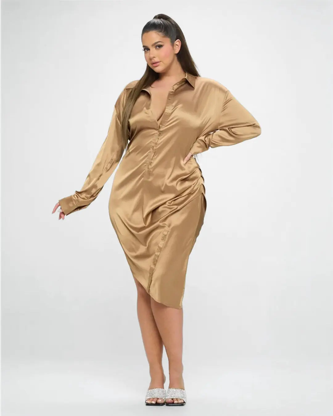 Elevate your evening look with our luxurious Gold Satin Dress, featuring exquisite button-down detailing for added elegance. Crafted for both style and comfort for any special occasion.