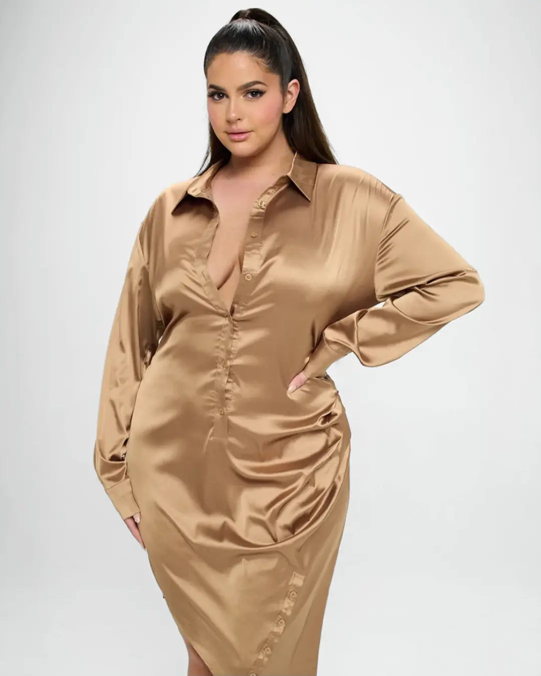 Elevate your evening look with our luxurious Gold Satin Dress, featuring exquisite button-down detailing for added elegance. Crafted for both style and comfort for any special occasion.