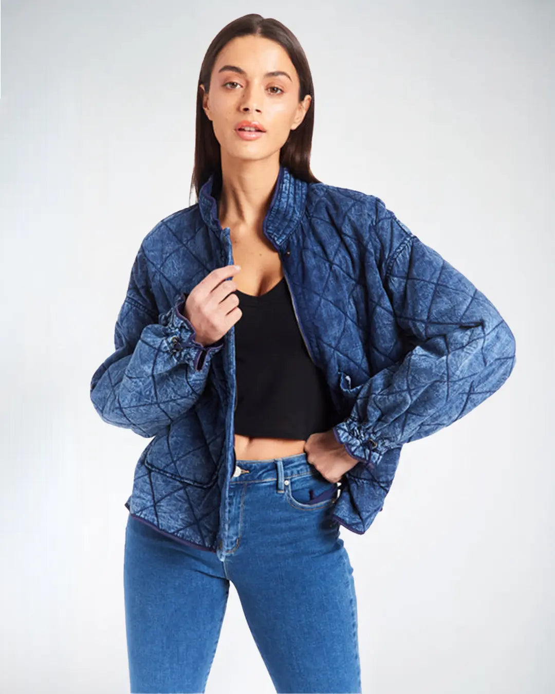 Sparkle and switch up your style with our Diamond Quilted Reversible Denim Jacket: Two chic looks in one, featuring a dazzling quilted pattern and classic denim, perfect for unleashing your fashion creativity and rocking multiple outfits with a single wardrobe staple! Embrace the versatility and shine bright like a diamond wherever you go!
