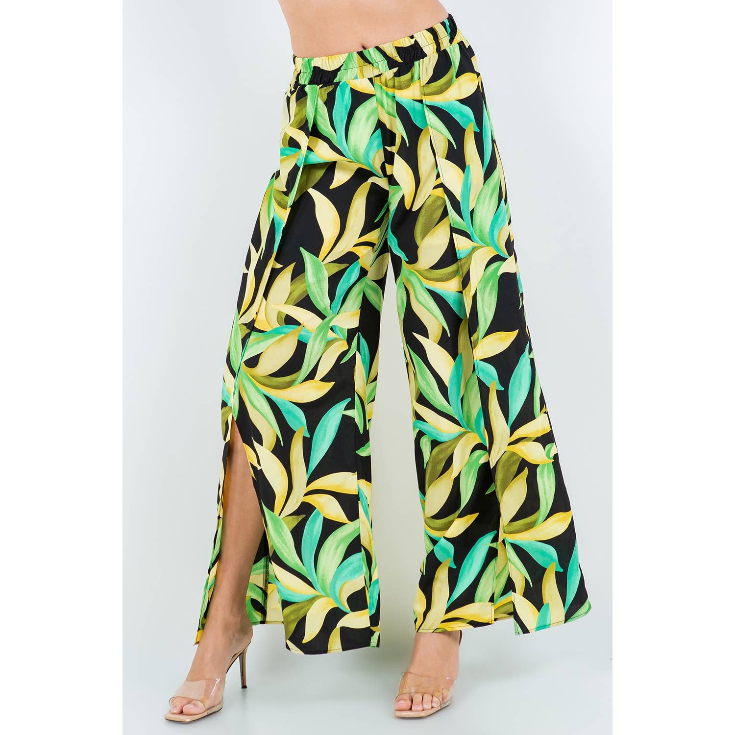 PRINTED SPLIT FRONT WIDE LEG PANTS