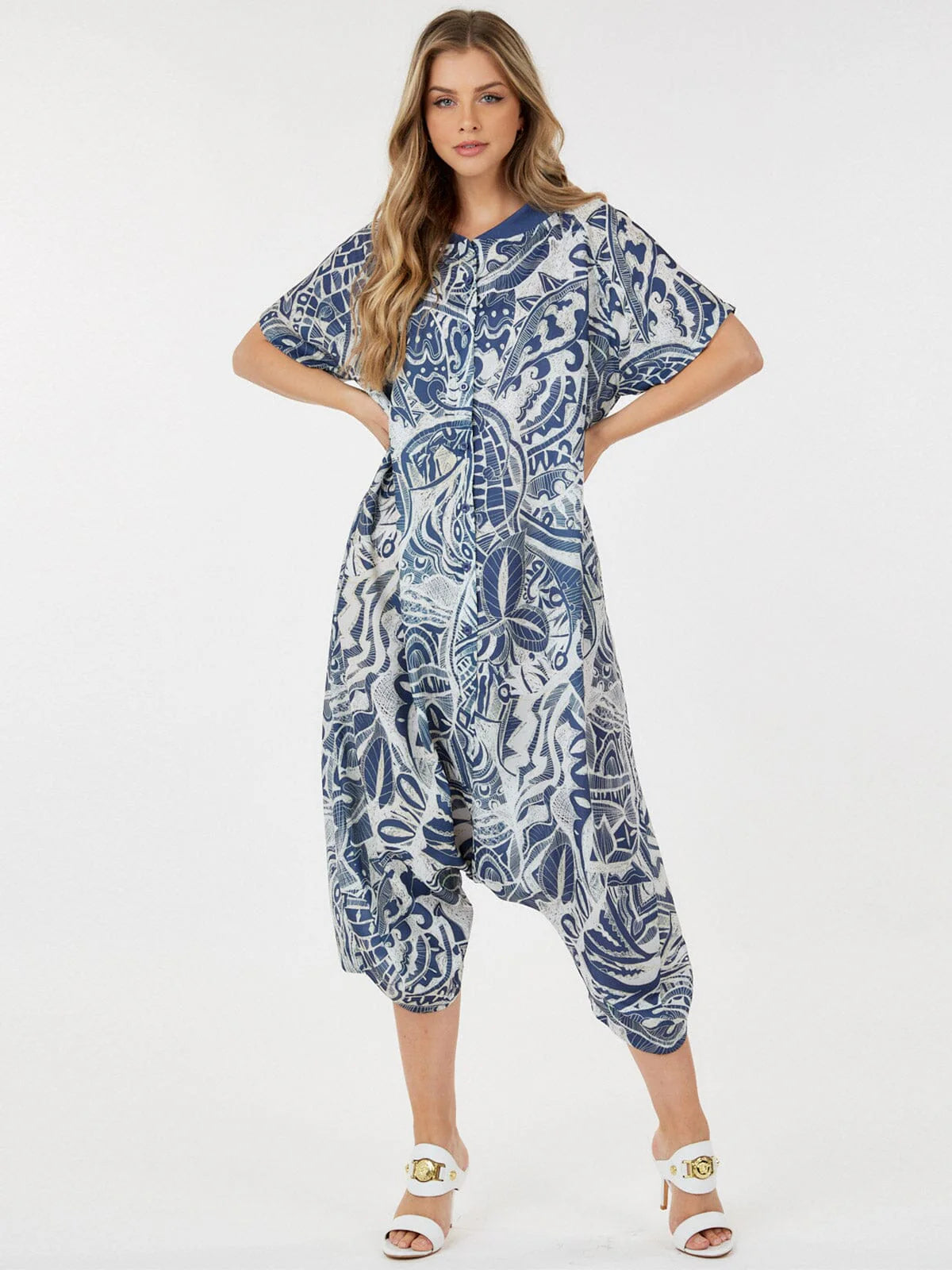SHORT SLEEVE BUTTON UP FRONT POCKETS MULTI PRINT JUMPSUIT