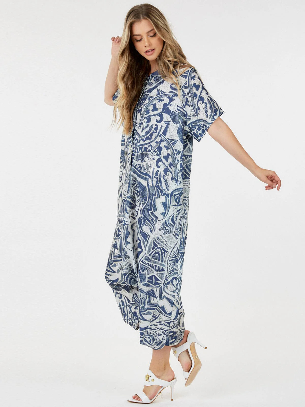 SHORT SLEEVE BUTTON UP FRONT POCKETS MULTI PRINT JUMPSUIT