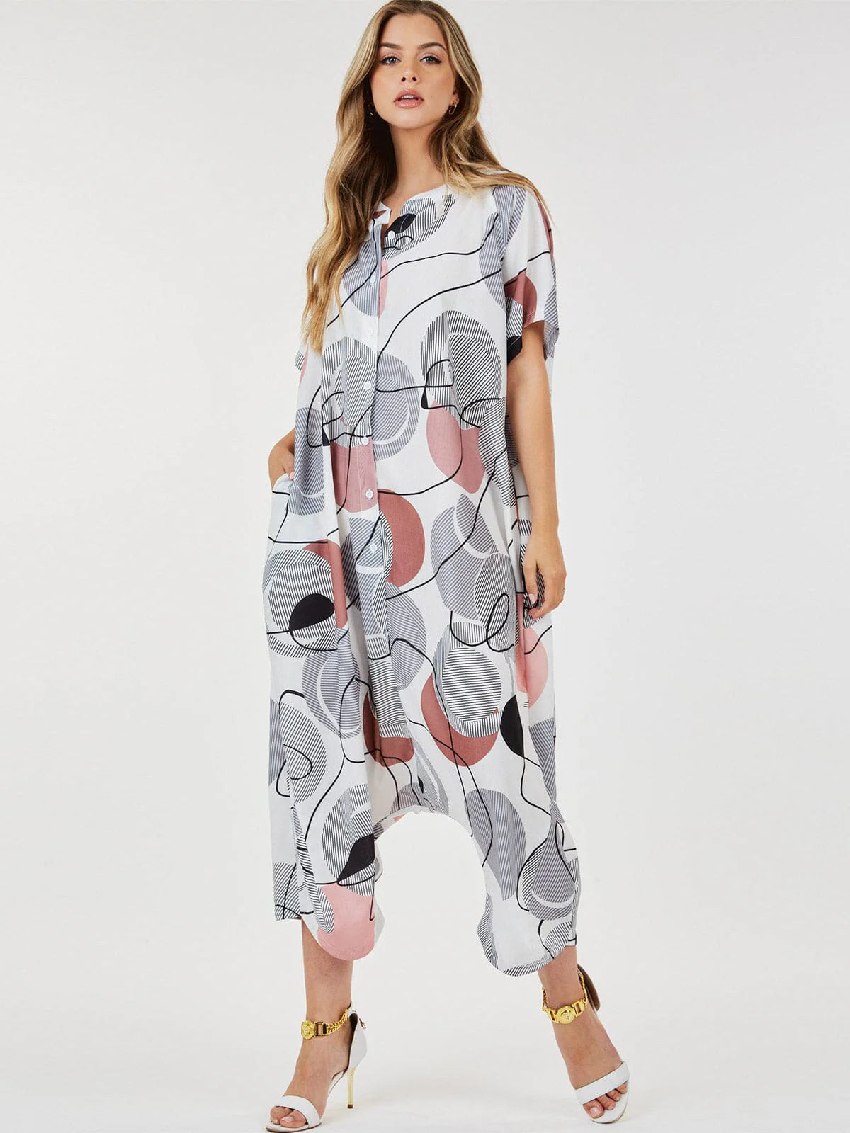 SHORT SLEEVE BUTTON UP FRONT POCKETS MULTI PRINT JUMPSUIT
