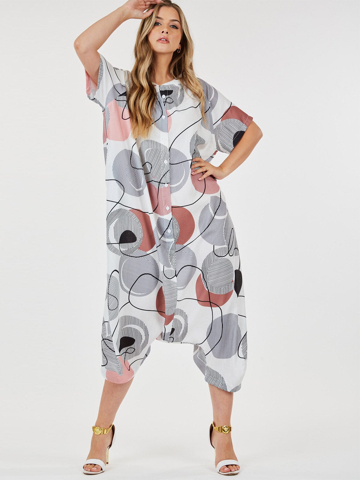 SHORT SLEEVE BUTTON UP FRONT POCKETS MULTI PRINT JUMPSUIT