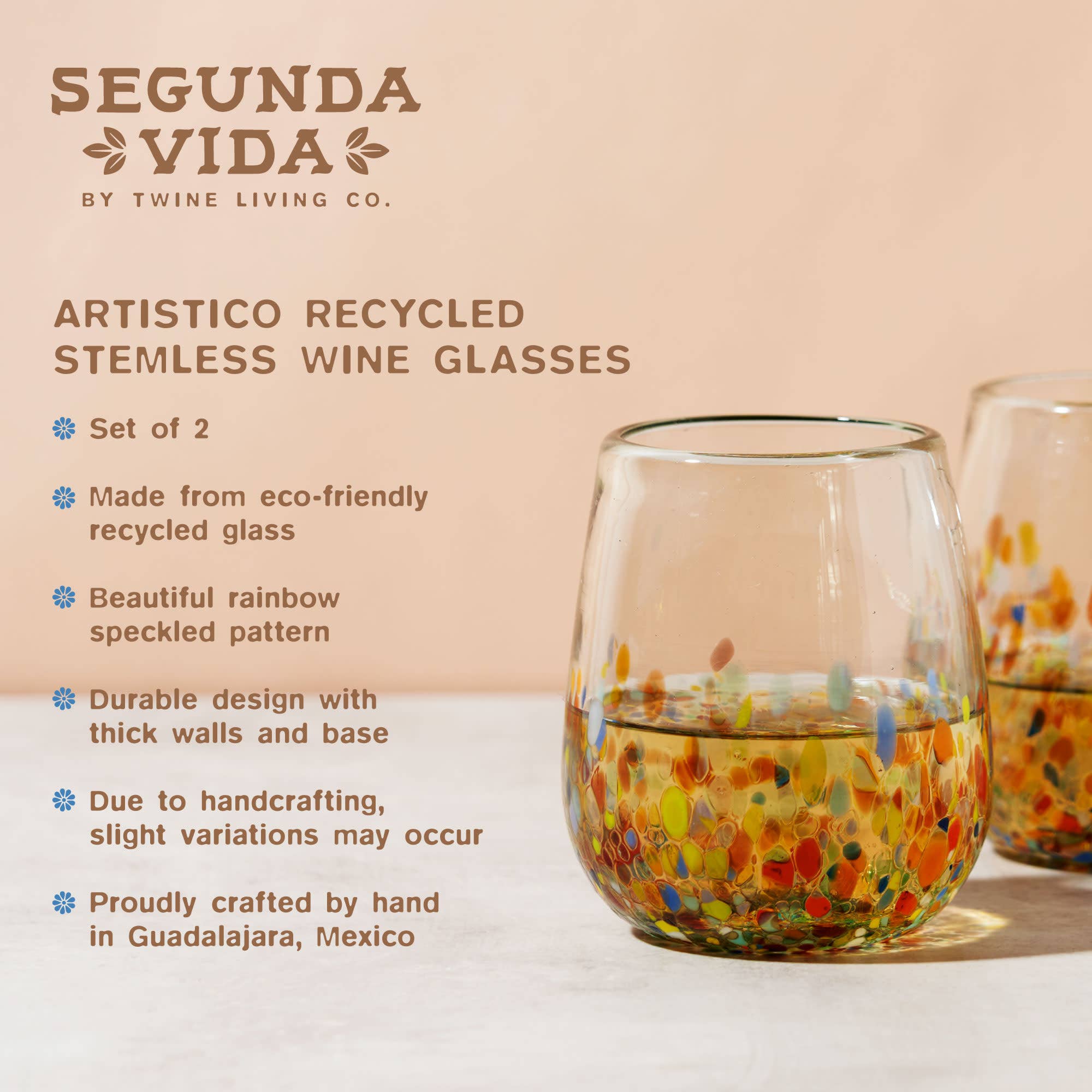 Artistico Recycled Glass Stemless Wine Glasses Set of 2