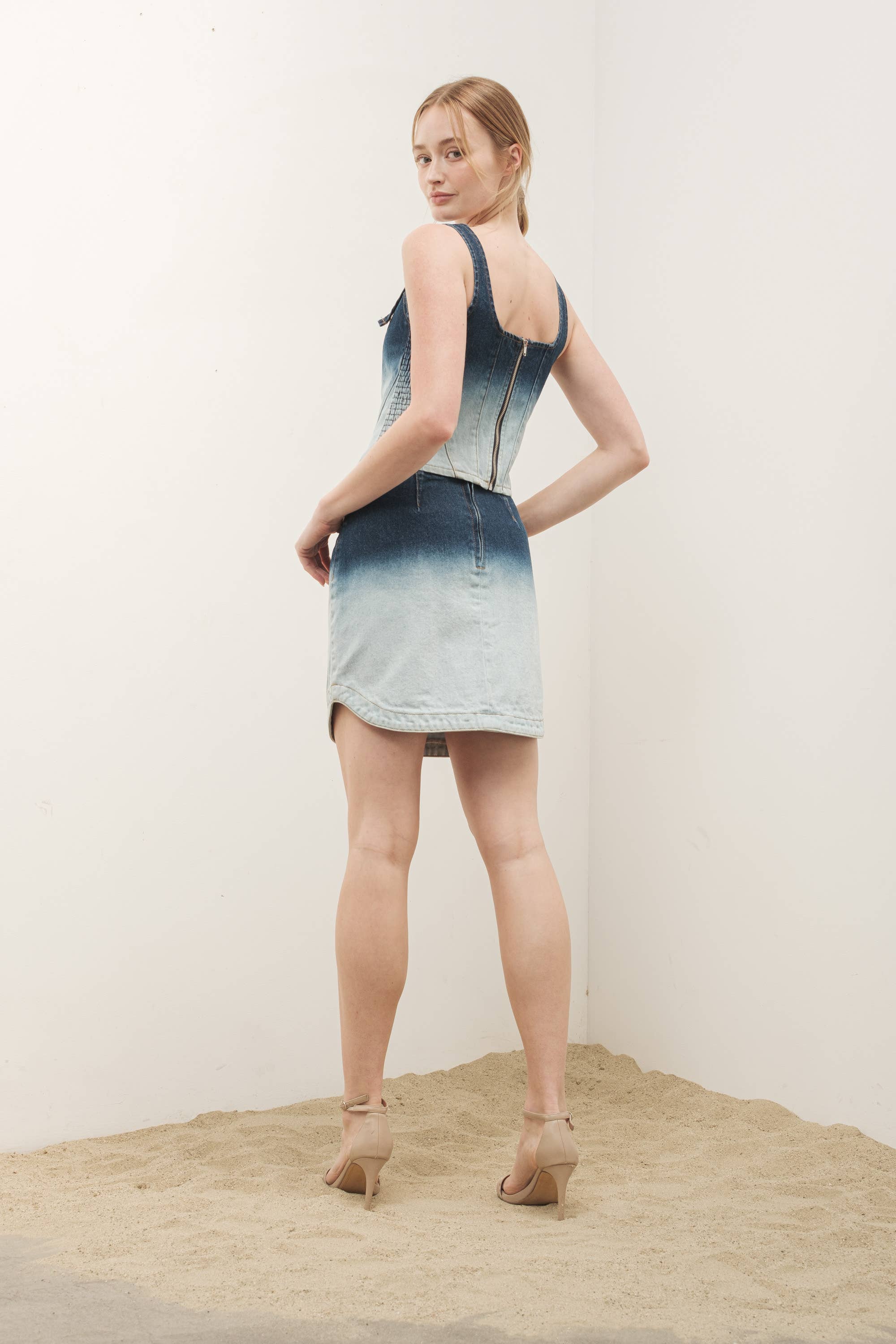 MAGNOILIA TWO TONE DENIM CROP TOP AND MINI SKIRT