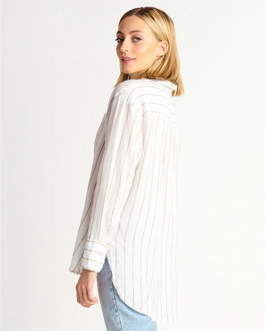 The Dex linen striped button-up will be your new go-to for fall! This versatile piece can be worn buttoned-up or undone for a more casual look!