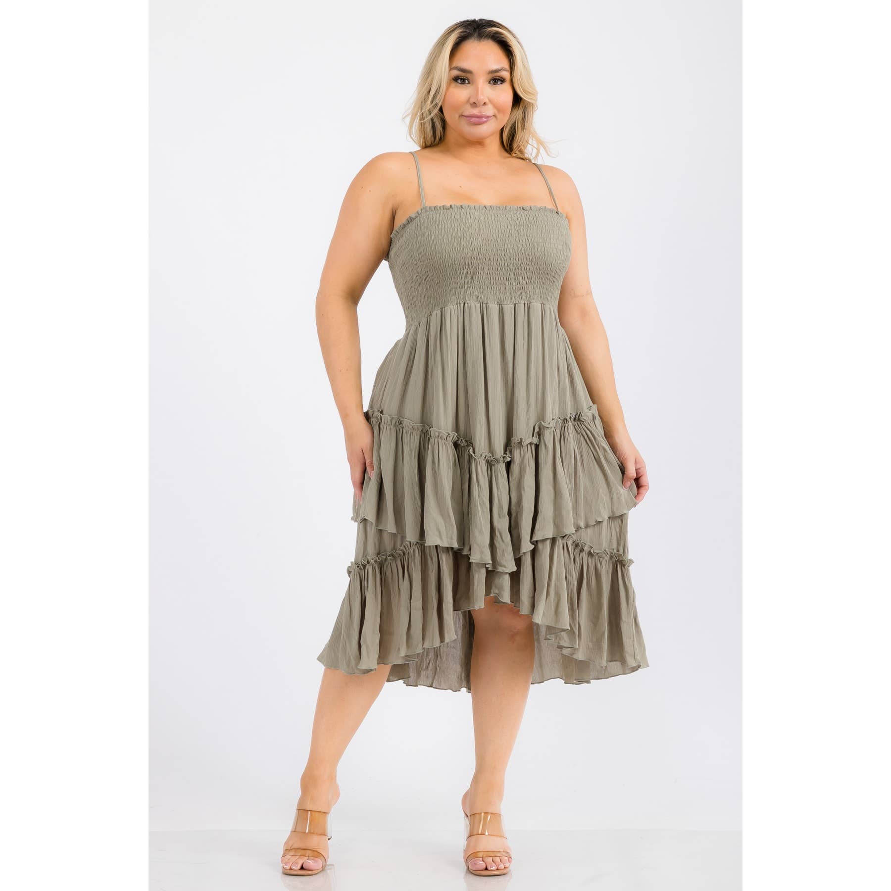 PLUS SIZE SQUARE NECK SMOCKED BODICE TIERED RUFFLE HEM MIDI