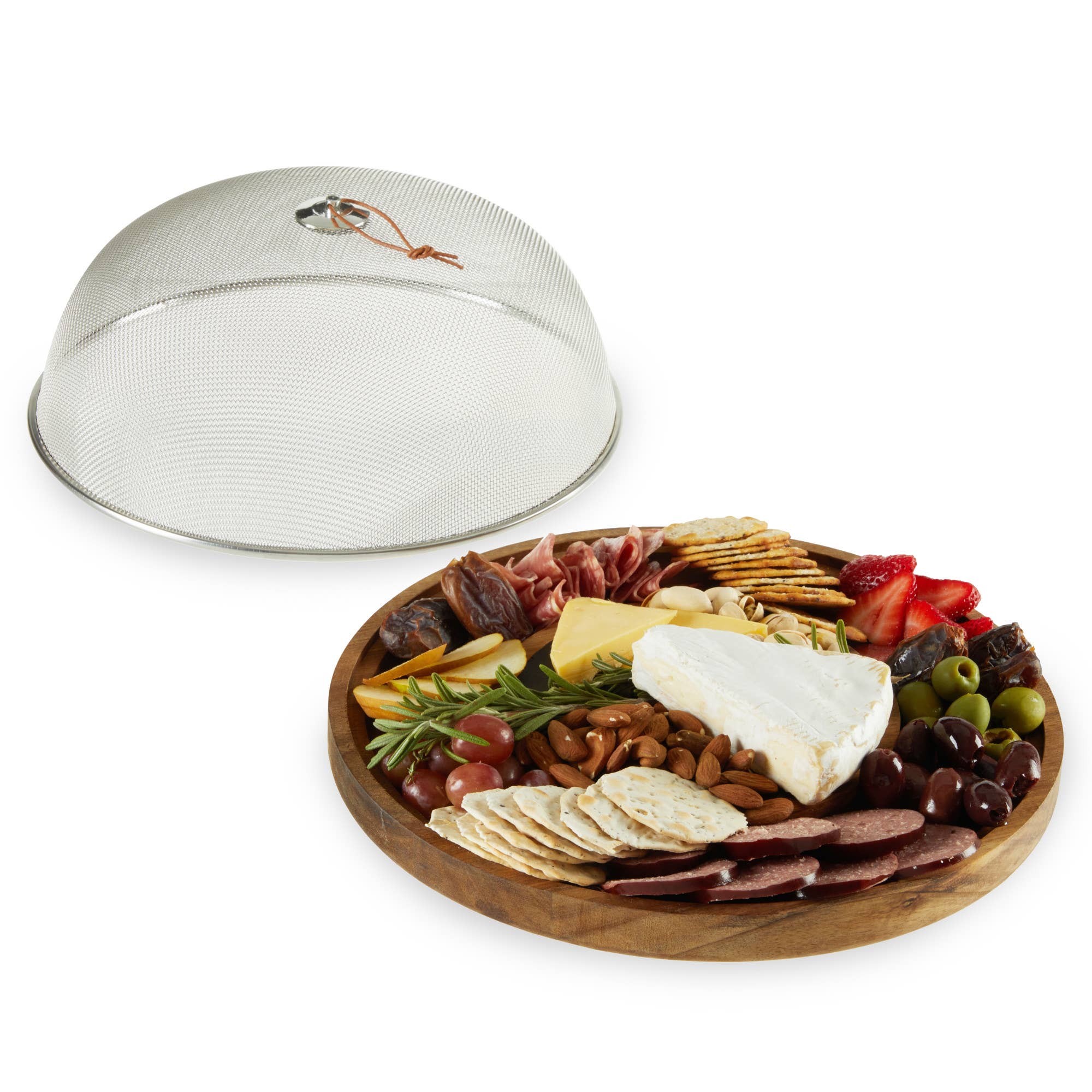 12.5 inch Acacia and Slate Cheese Board Metal Mesh Dome
