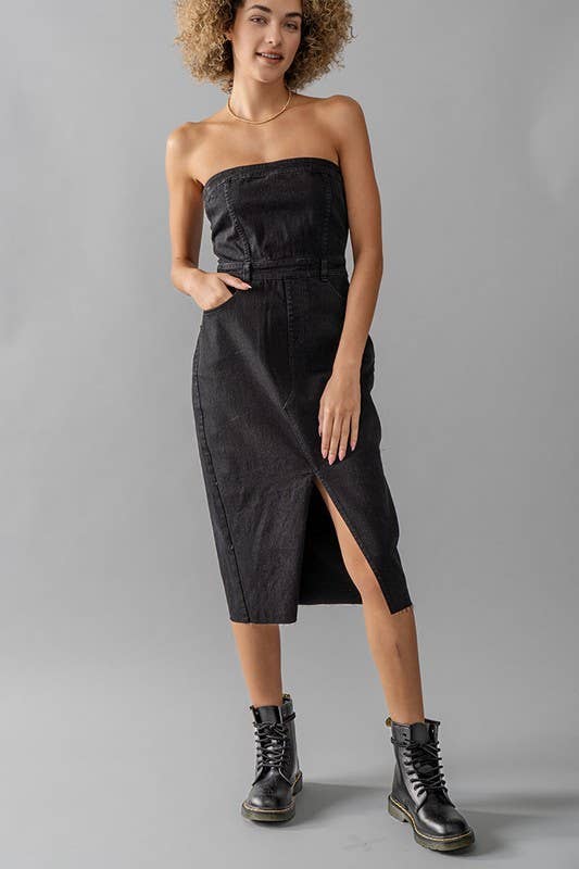 STRAPLESS DENIM MIDI DRESS: BLACK