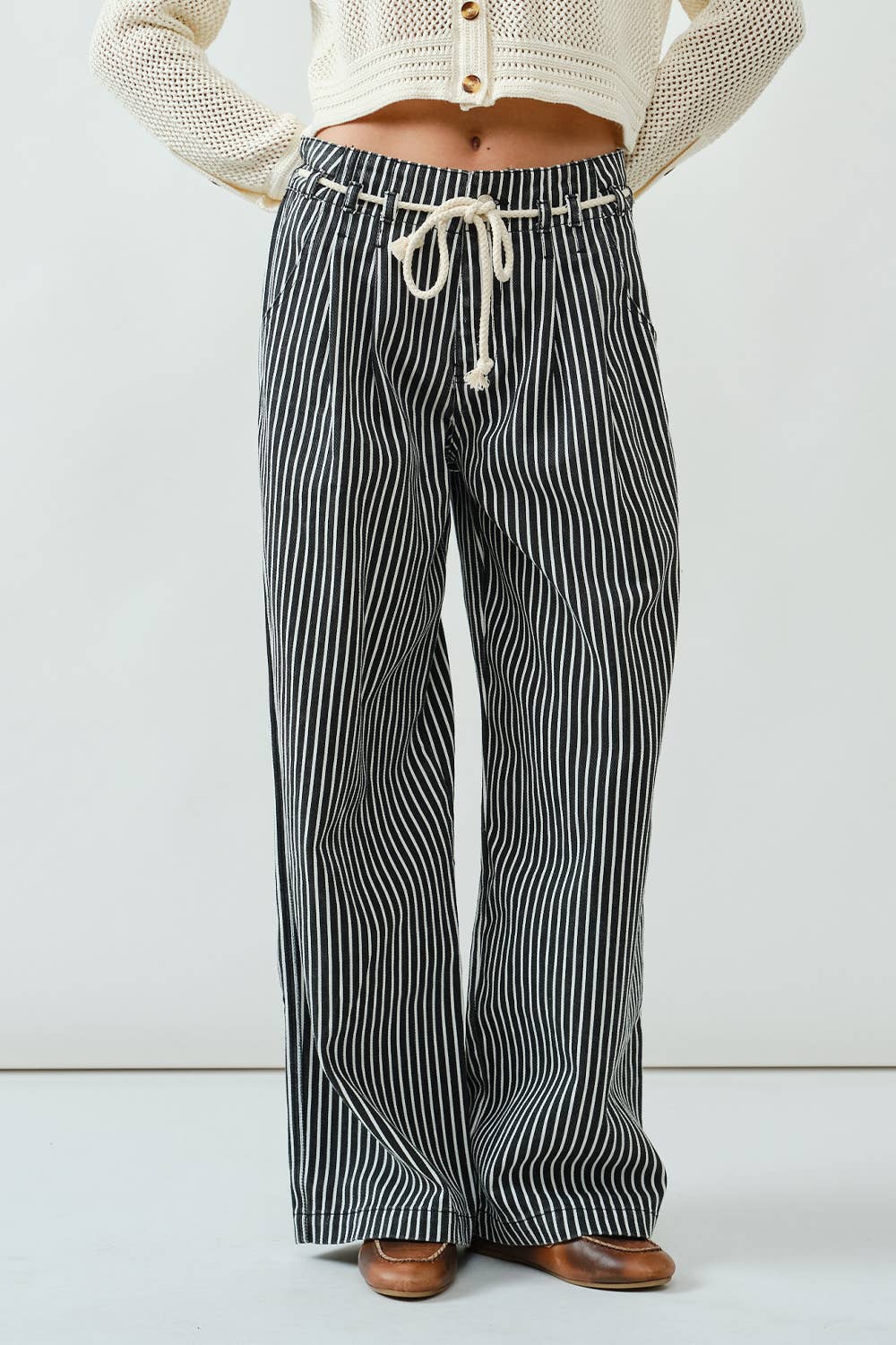 STRIPE WIDE LEG PANTS WITH ROPE BELT