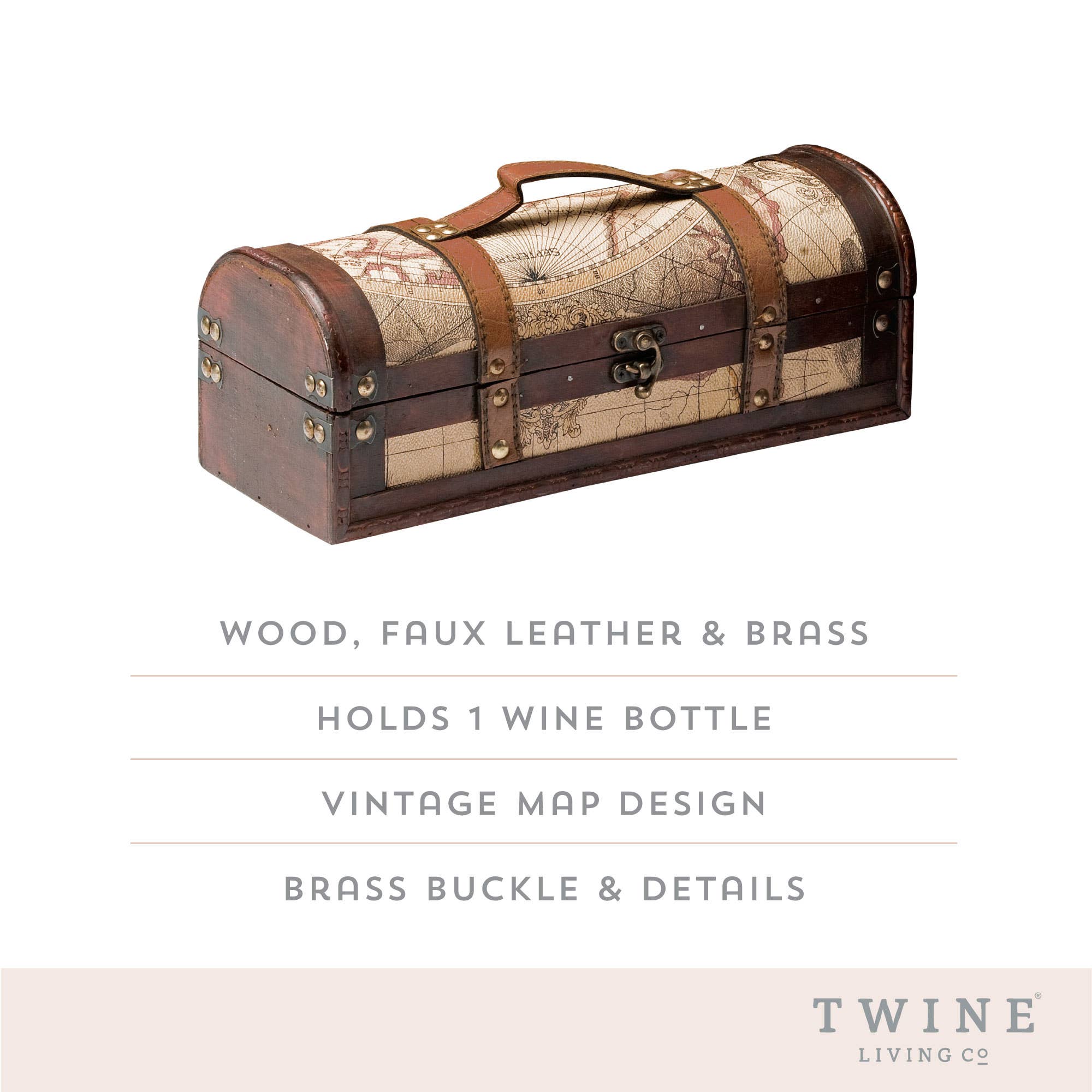 1-Bottle Old World Wood Wine Trunk w/ Faux Leather Handle