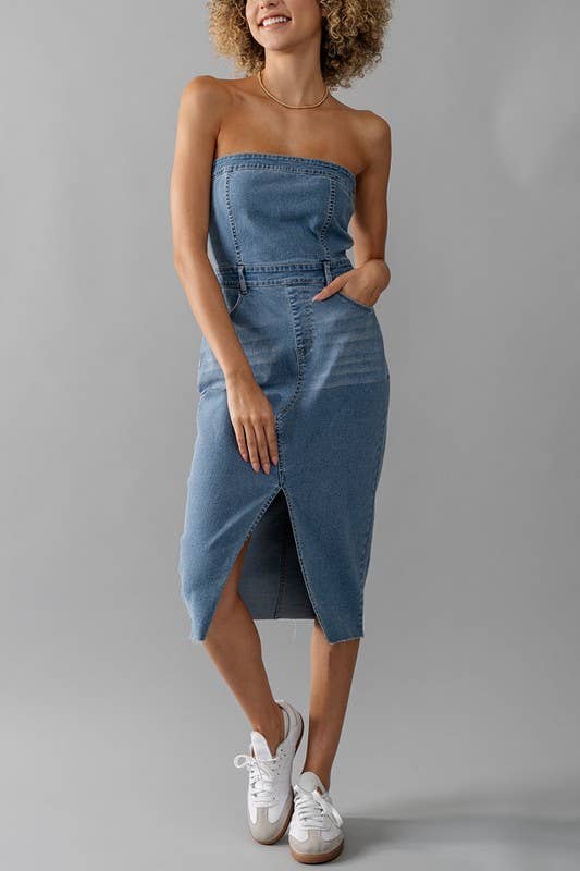 STRAPLESS DENIM MIDI DRESS: BLACK