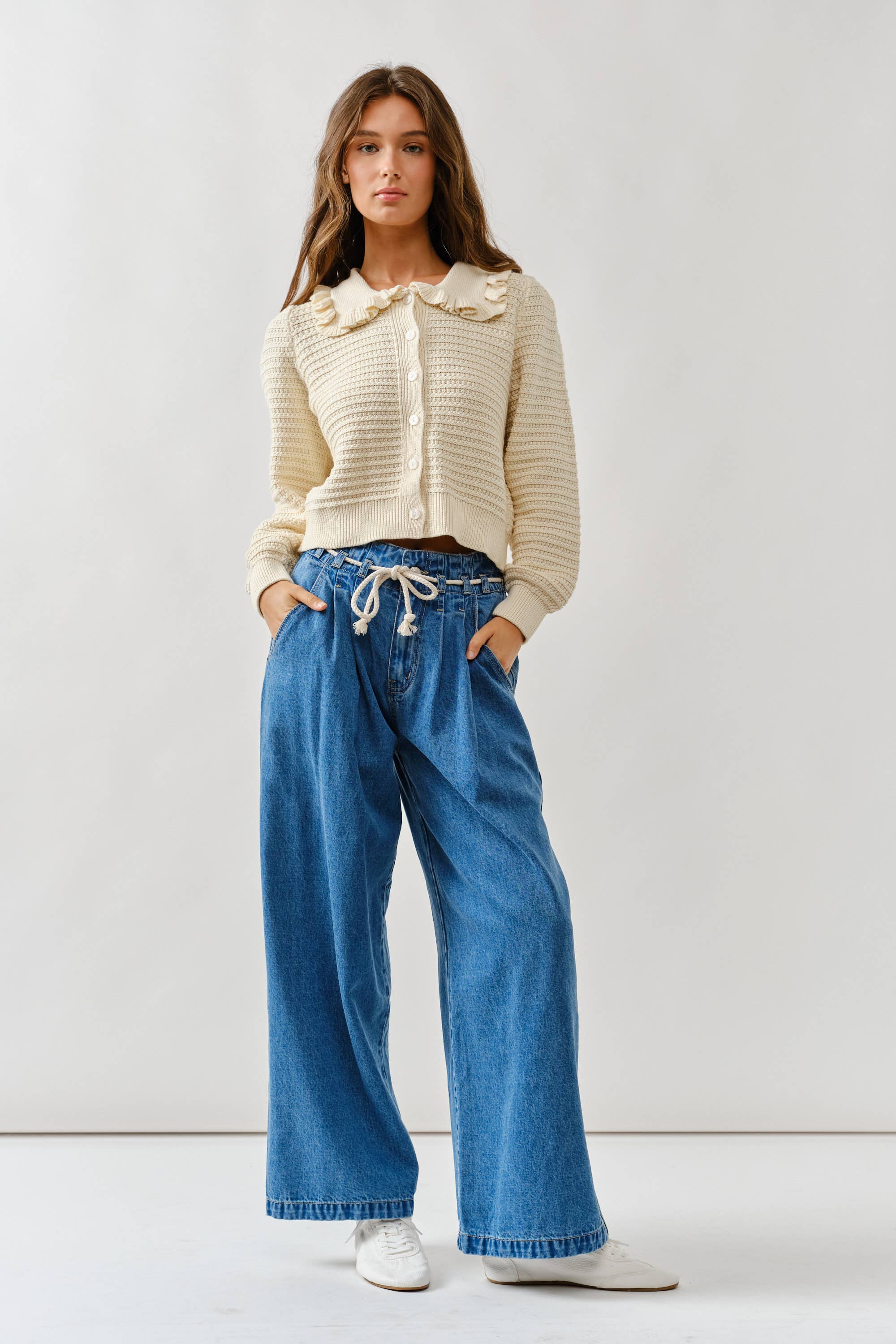 STRIPE WIDE LEG PANTS WITH ROPE BELT