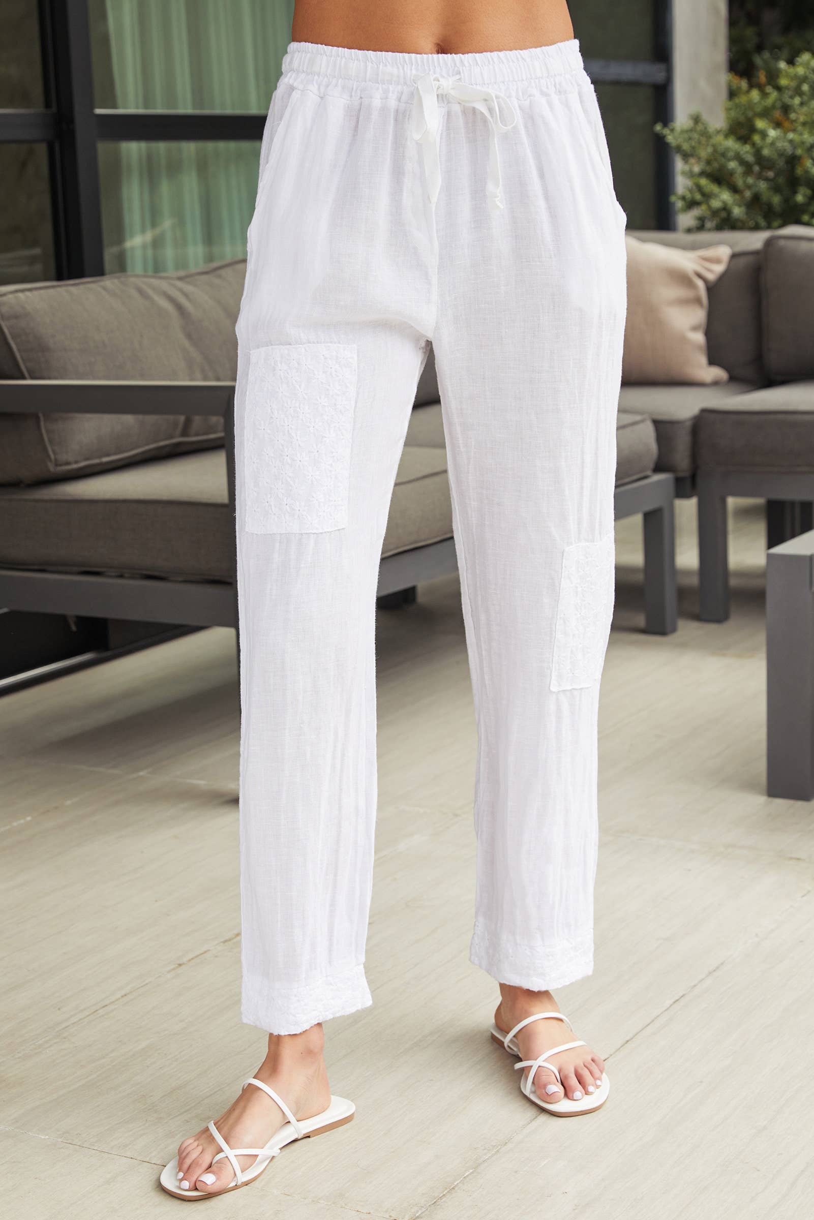 WHITE -EMBROIDERED ITALIAN LINEN DRAWSTRING PANTS