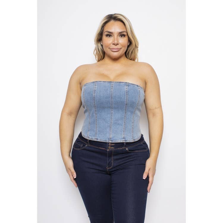 PLUS SIZE DENIM ZIP BACK CORSET TUBE TOP