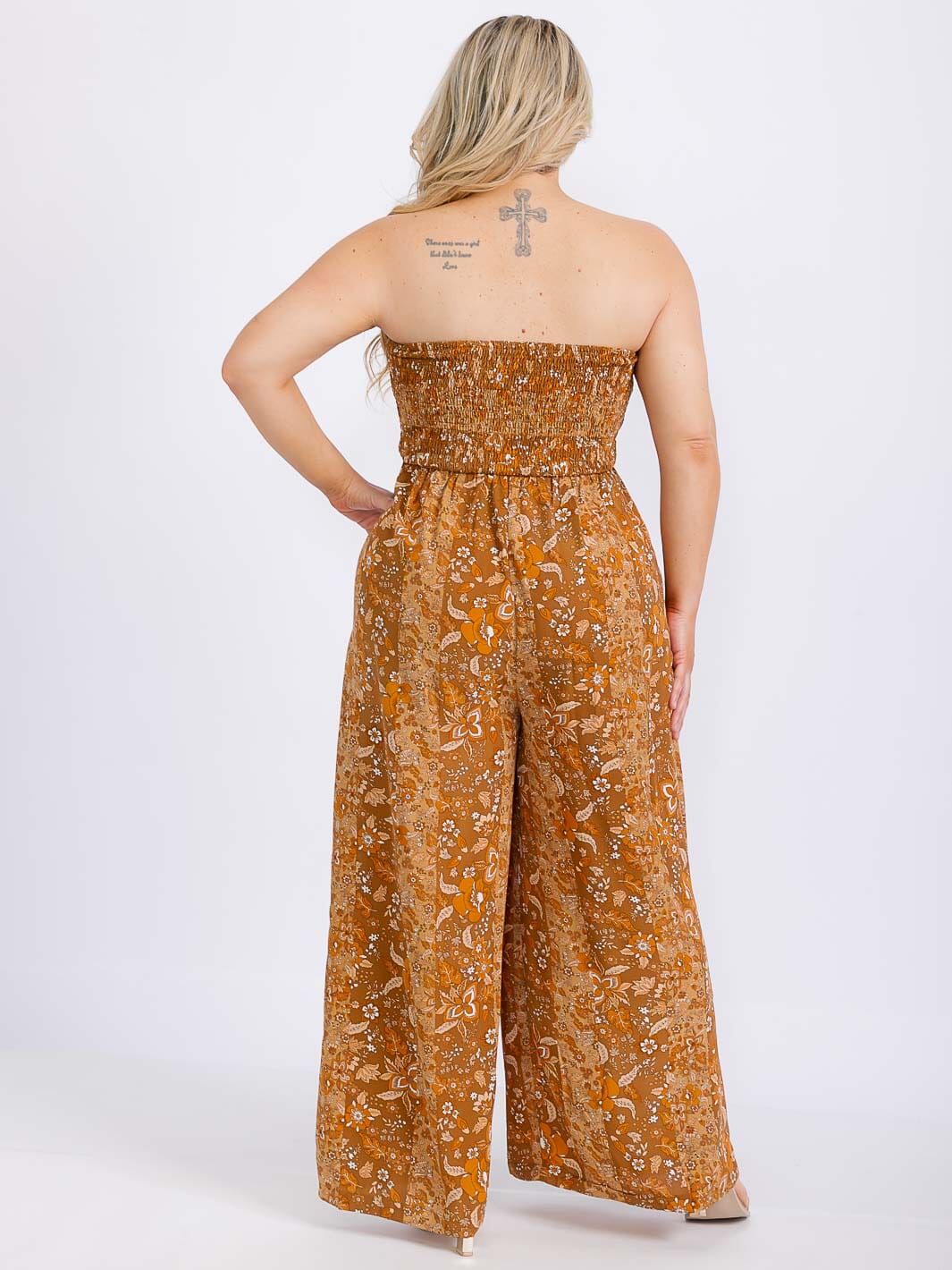 PLUS SIZE SLEEVELESS SMOCK FRONT POCKETS WIDE LEG FLORAL JUMPSUIT