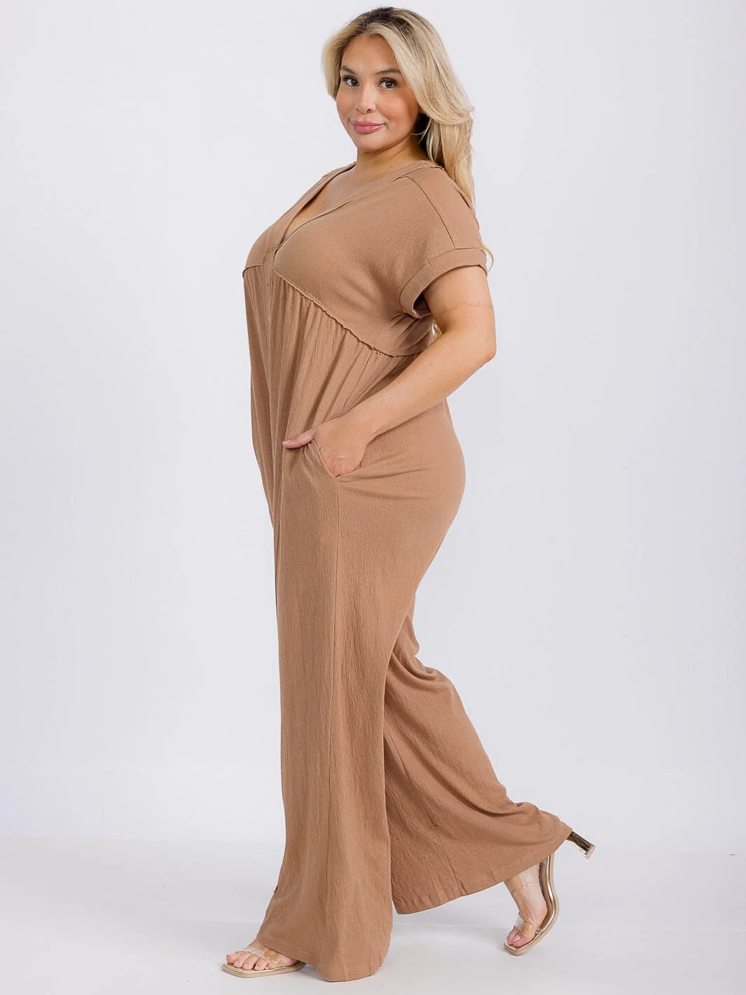 PLUS SIZE SHORT SLEEVE V-NECK BUTTON UP FRONT POCKETS WIDE LEG JUMPSUIT