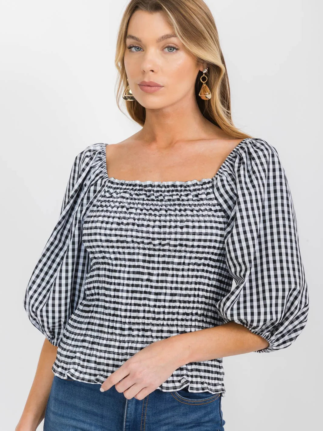 WOMEN'S 3/4 PUFF SLEEVES SQUARE NECK SMOCK PLAID BLOUSE