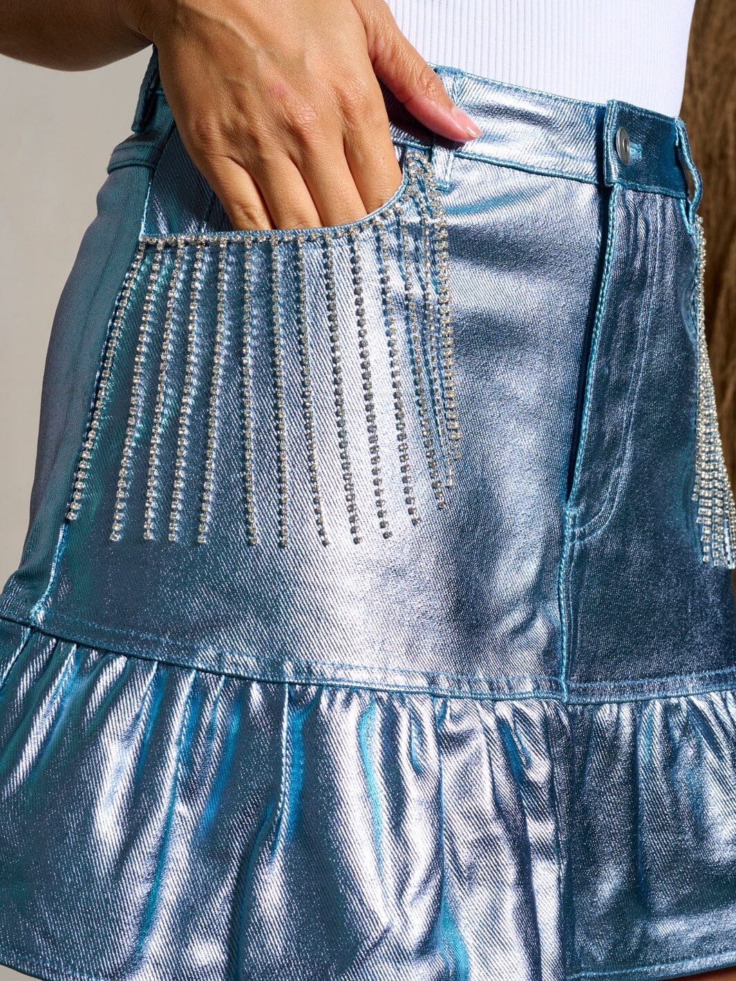 BUTTON CLOSURE FRINGE STUDS DETAILED METALLIC MINI SKIRT