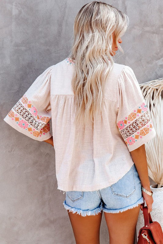 Tassel Drawstring Embroidered Half Sleeve Top