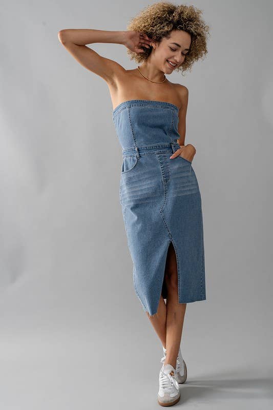 STRAPLESS DENIM MIDI DRESS: BLACK