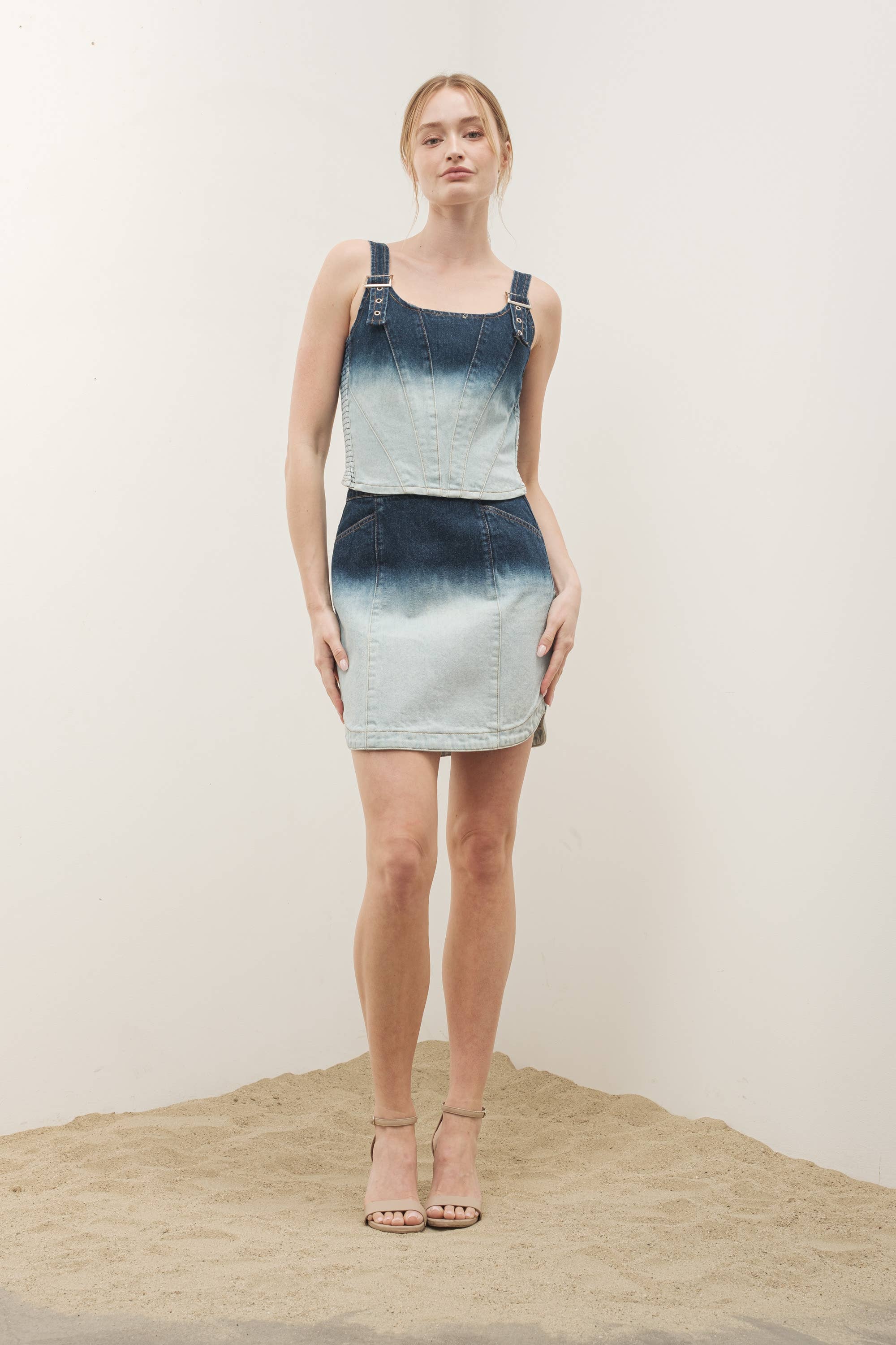 MAGNOILIA TWO TONE DENIM CROP TOP AND MINI SKIRT