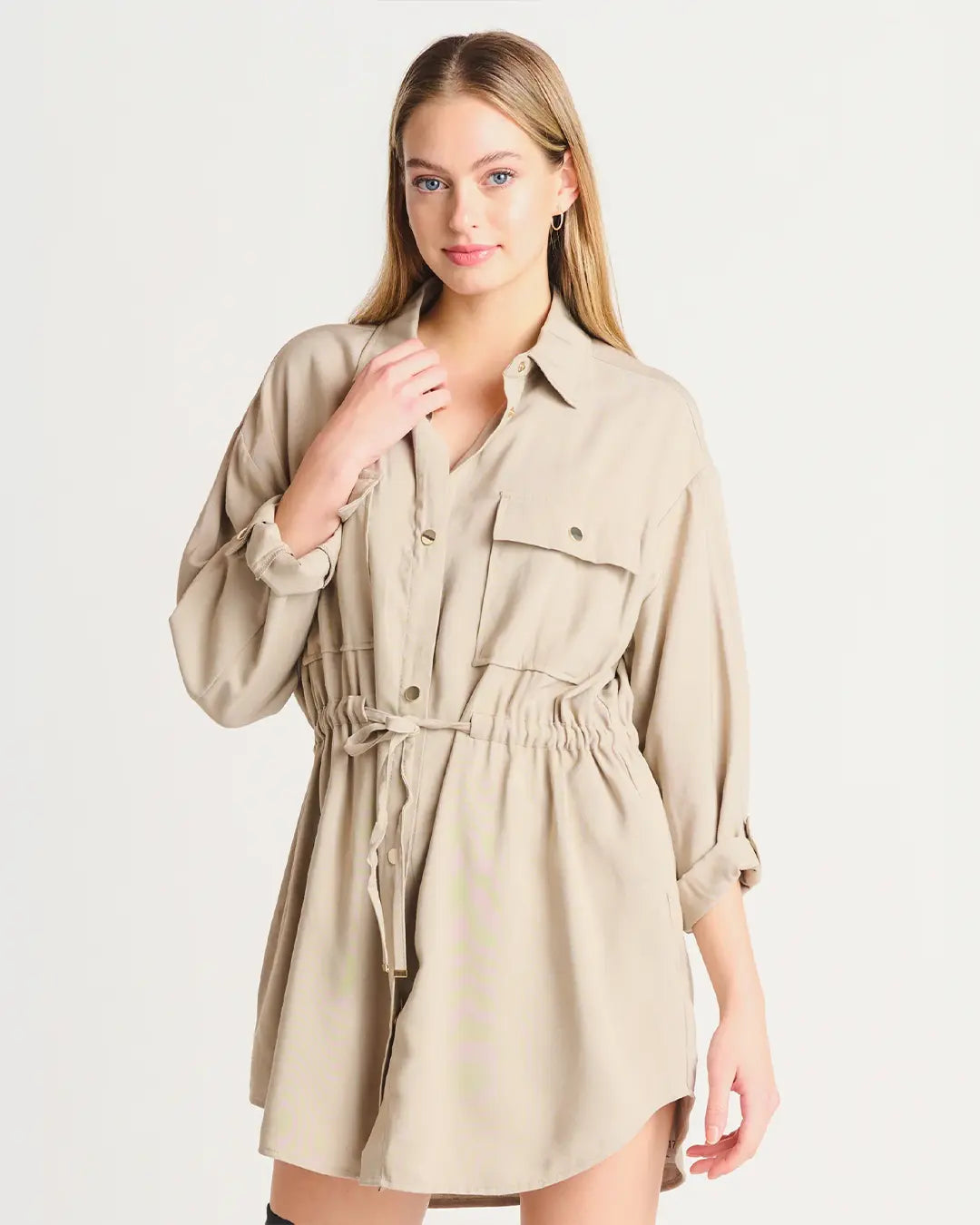 Comfy and cute? Yes, please! This button down utility dress with collar and drawstring waist is perfect for the cooler temps. You can even wear open as a jacket. The possibilities are endless!