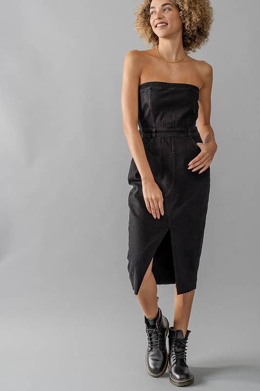 STRAPLESS DENIM MIDI DRESS: BLACK