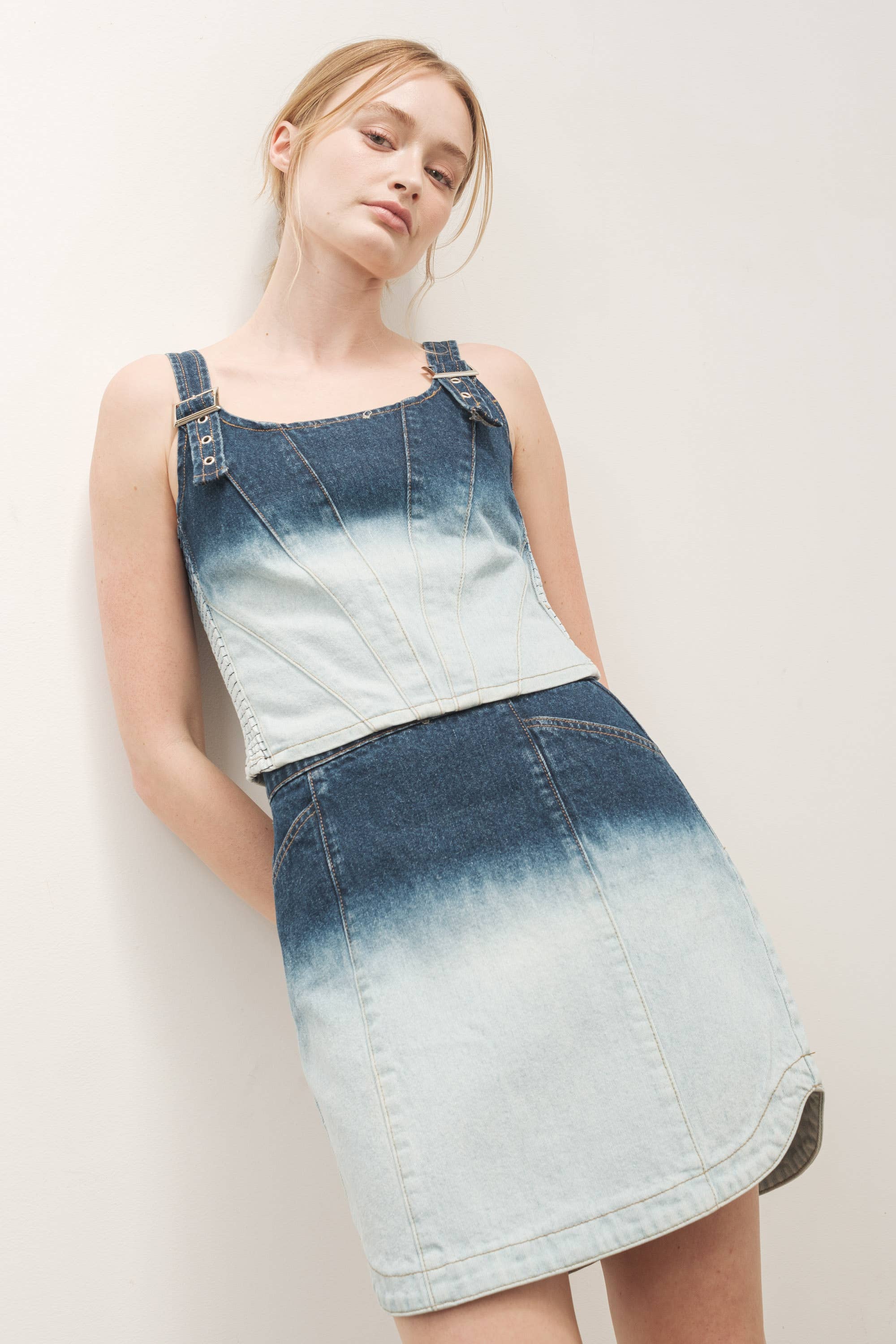 MAGNOILIA TWO TONE DENIM CROP TOP AND MINI SKIRT