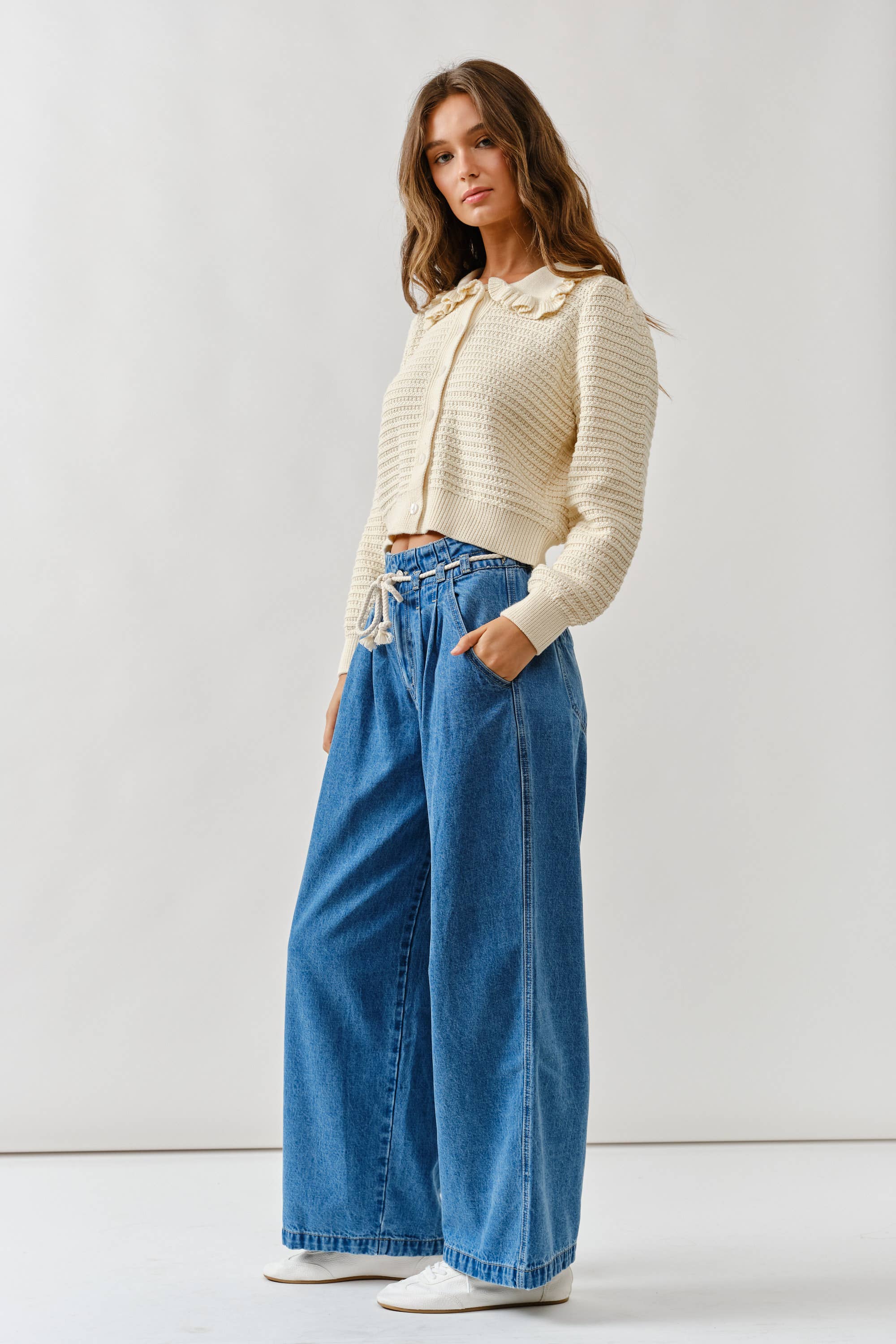STRIPE WIDE LEG PANTS WITH ROPE BELT