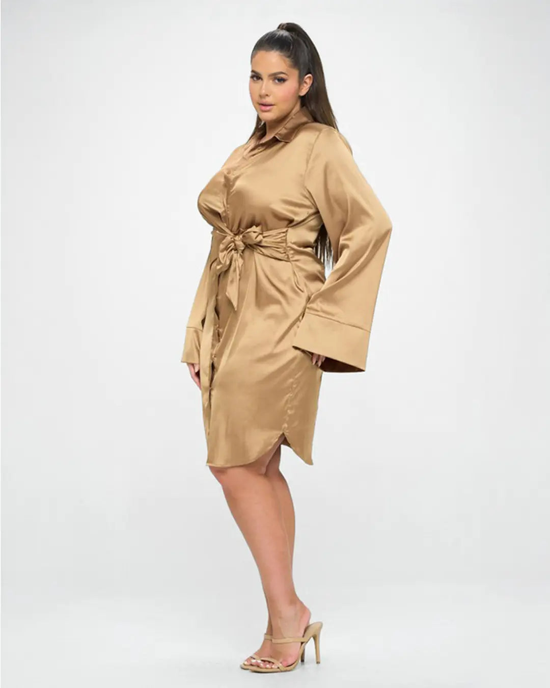 Elevate your evening look with our luxurious Gold Satin Dress, featuring exquisite button-down detailing for added elegance. Crafted for both style and comfort for any special occasion.