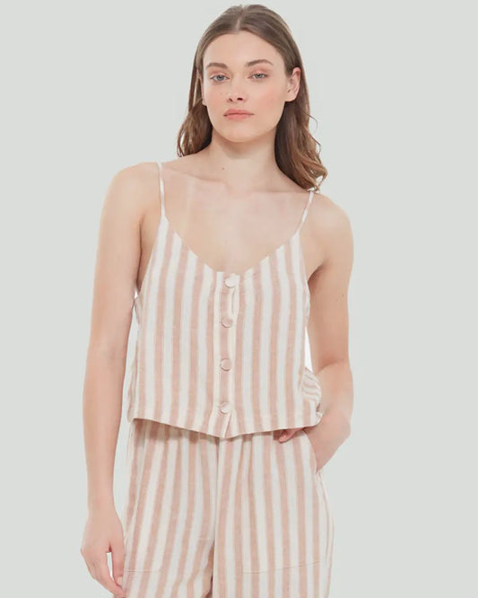 Discover a subtly fashionable look with our Striped Cami. Crafted in airy linen fabric, this cami features a v-neckline, adjustable spaghetti straps, and a full button front, all rendered in a timeless taupe stripe to complete your summer wardrobe.