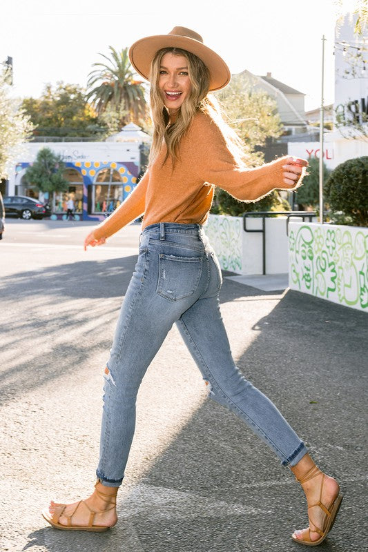 High Rise Button Skinny w/ Cuff
