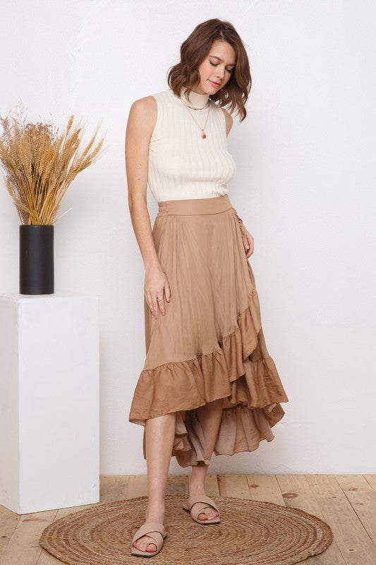Rose Satin Ruffle Wrap Maxi Skirt