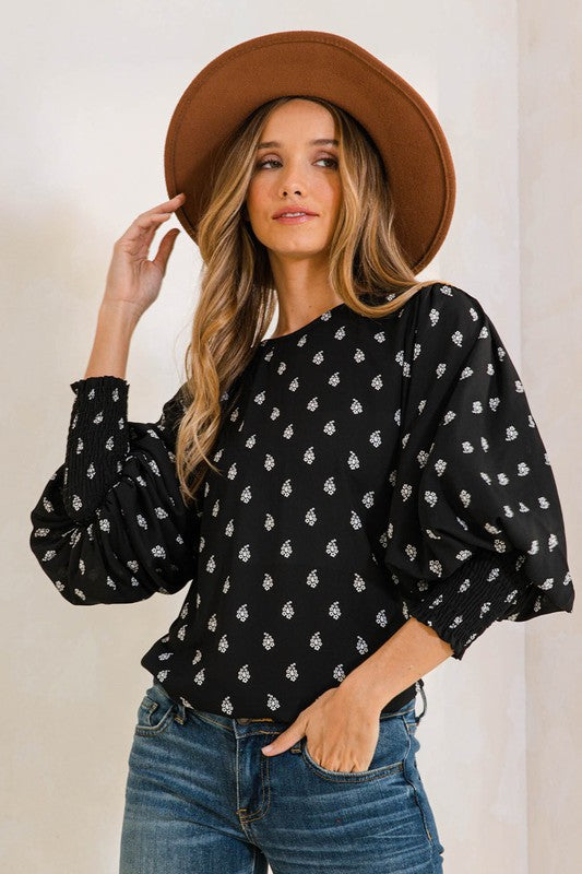 Lantern Sleeve Print Blouse