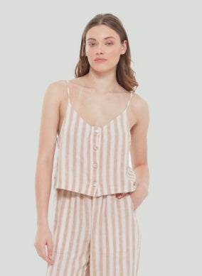 Button Front Striped Cami- Taupe