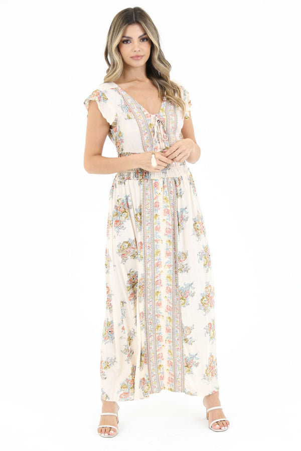 V Neck Flutter Sleeve Tiered Maxi Dress